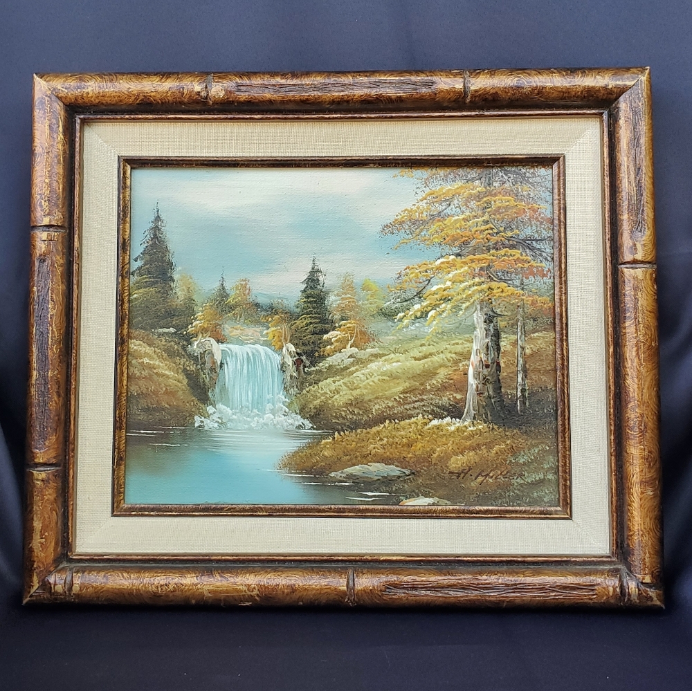 Oil Painting Landscape Trees Waterfall Signed H. Miller Season Fall Autumn VTG - Picture 12 of 16